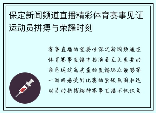 保定新闻频道直播精彩体育赛事见证运动员拼搏与荣耀时刻