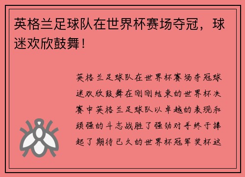英格兰足球队在世界杯赛场夺冠，球迷欢欣鼓舞！