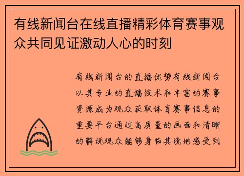 有线新闻台在线直播精彩体育赛事观众共同见证激动人心的时刻